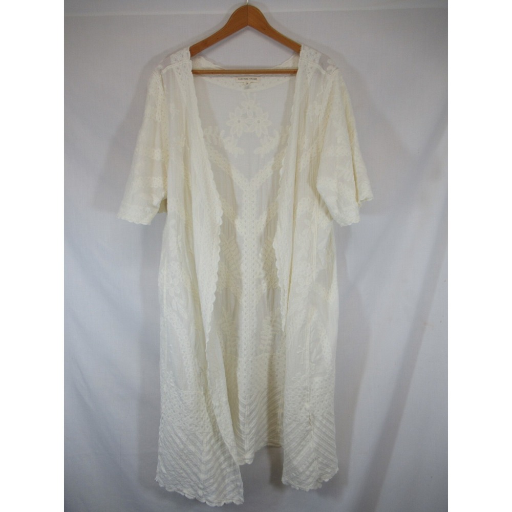 Cactus & Pearl Embroidered Duster Kimono Women M Ivory Boho Hippie Open Front